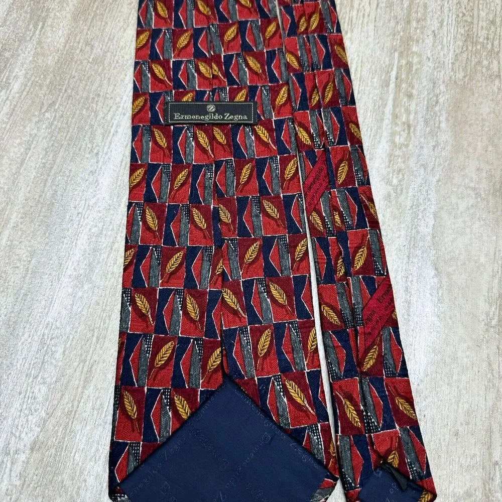 Ermenegildo Zegna Neck tie Floral Wheat Leaf Silk Made Italy Burgundy Blue‎